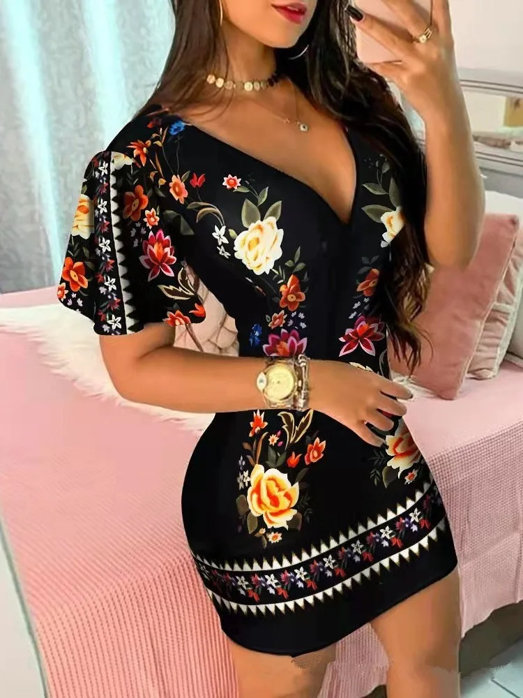 

Sexy Deep V-neck Short-sleeved Mini Dress For Women Fashionable Spring Summer Elegant Floral Printing Casual Hip Dresses Female