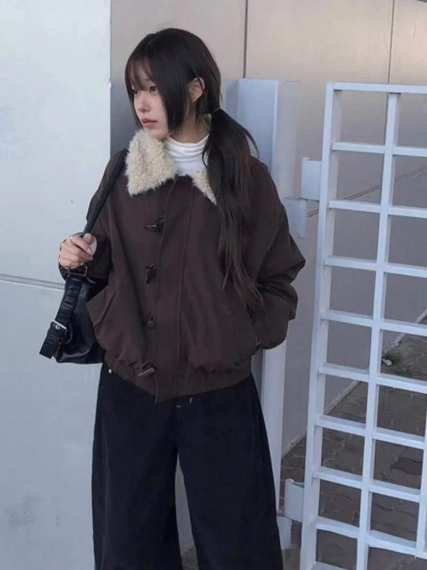 Retro Beauty Melaleuca Horn Button Cotton Coat Women's Autumn Winter New Warm Lamb Fur Collar Cotton Clothes Casual Style