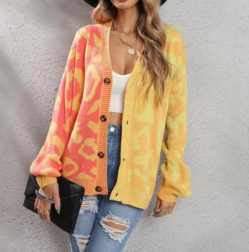 

Женский кардиган-жакет на весну, осень и зиму, повседневный, с длинными рукавами и узором под леопарда, вязаный