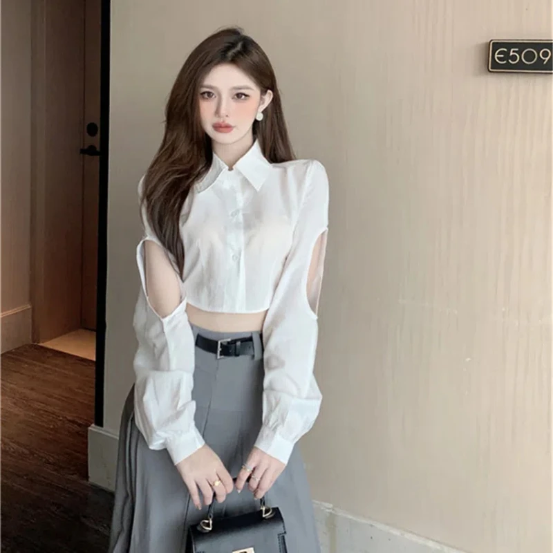 Pure Desire Style Sexy Spicy Girl Hollow Out Long Sleeved Shirt for Women's New Style with a Lapel That Covers the Flesh Looks