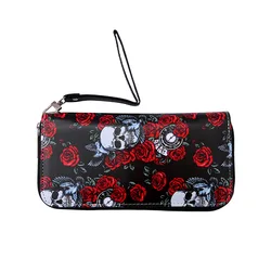 Portefeuille long motif tête de mort pour femme, style vintage, spacieux, multi-cartes, sac mobile