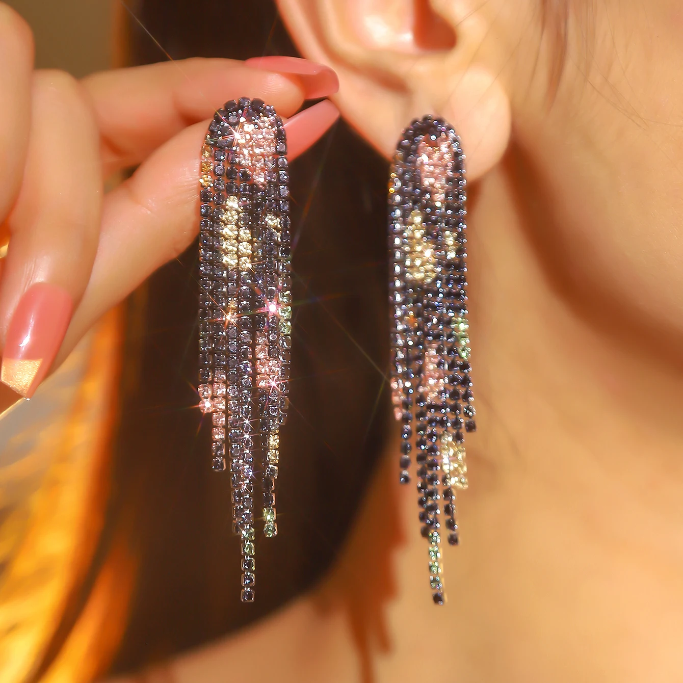 Rhinestone Tassel Earrings For Women Dress Colorful Fringe Prom Earrings Long Tassel Bling Crystal Dangle Drop Earrings