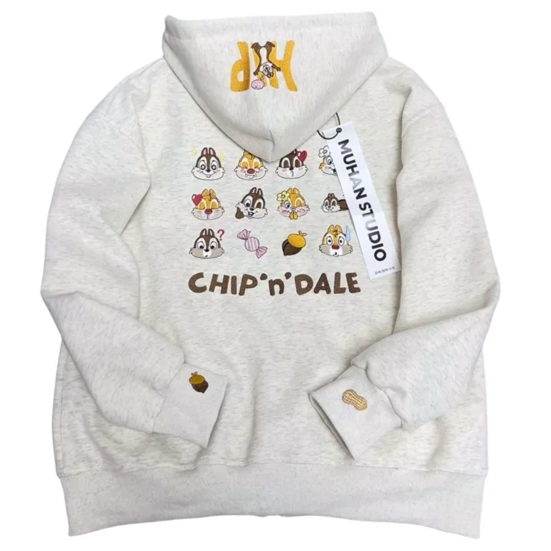 Disney Chip Dale animation peripheral cartoon embroidered printed hooded plus velvet couple style solid color sweatshirt jacket