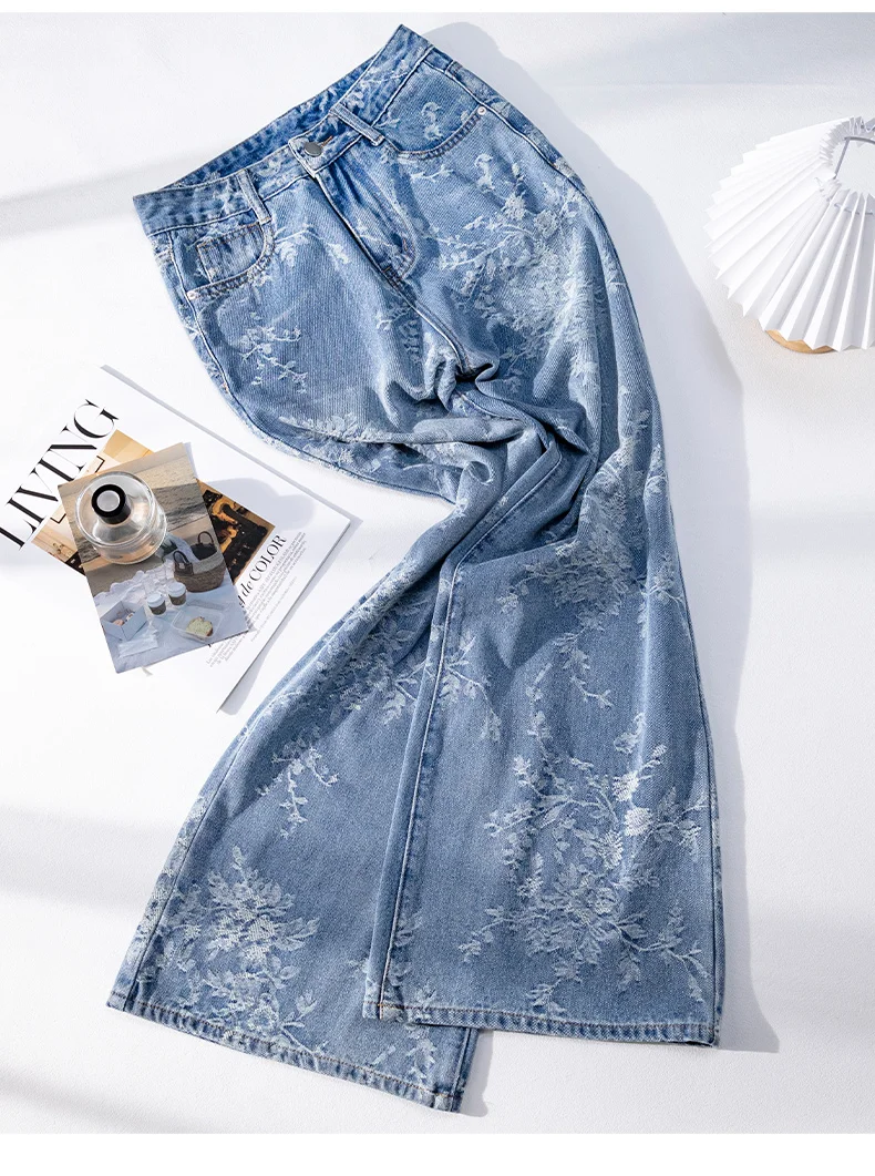 

Women Summer Jacquard Jeans High Waisted Zipper Flower Straight Leg Trousers Casual Fashionable Female High Street Denim Pants