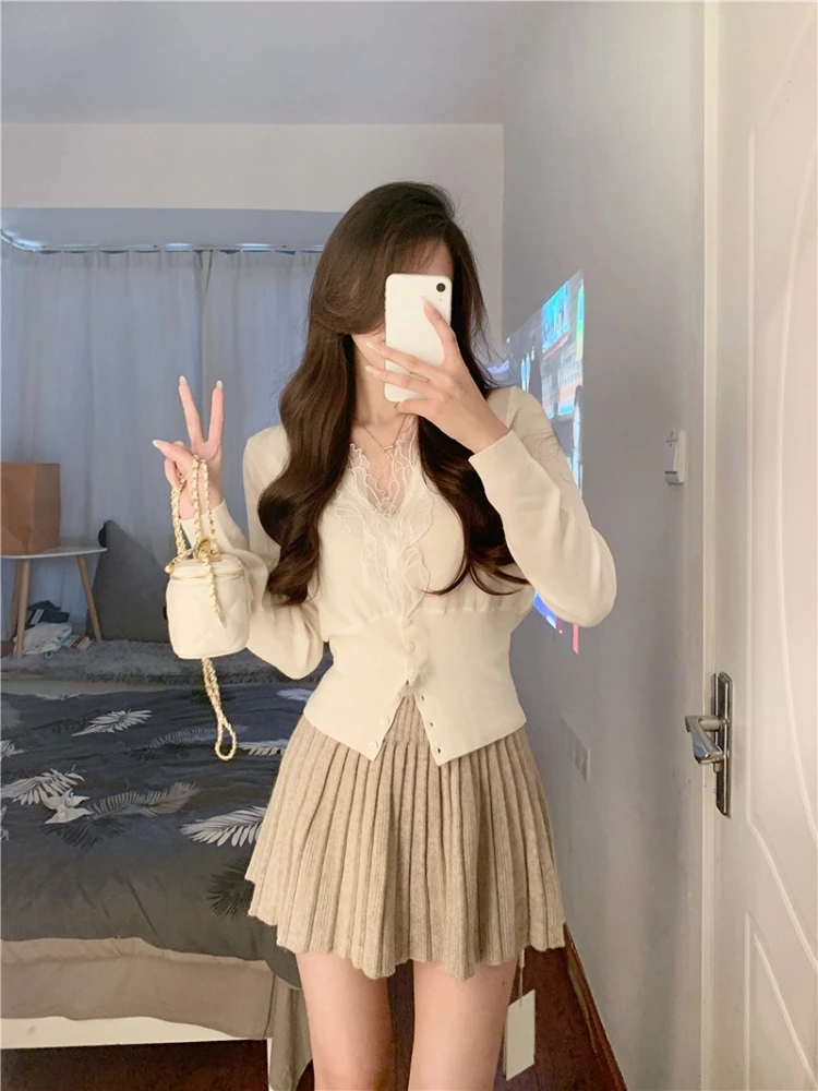 2023 Spring 2 Piece Dress Set Women Korean Fashion Y2k Clothing Sweet Cardigan + Mini Skirts Elegant Bodycon Knitted Suits Chic