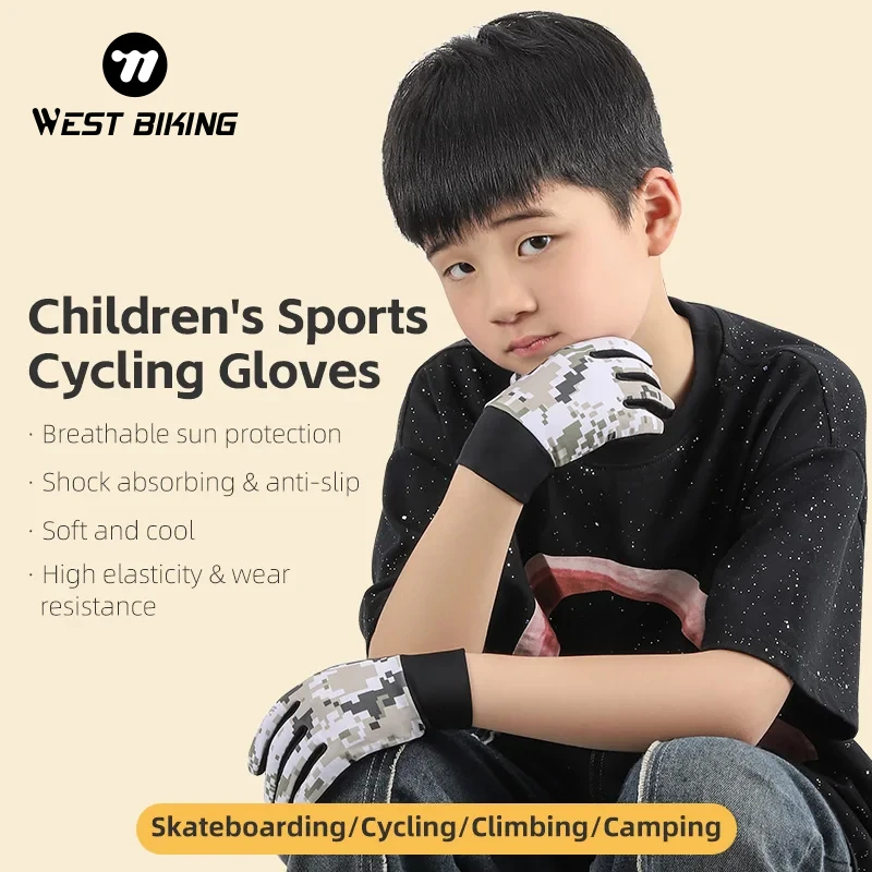 

WEST BIKING Children's Sports Cycling Gloves Full Finger MTB Bike Gloves Touch Screen Non-Slip Silicone Palm Rest Riding Gloves