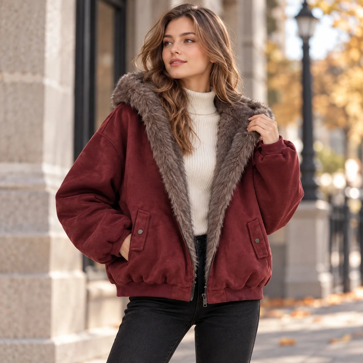 Hooded Single Loose Fit Coat with Elegant Commuter Long Sleeve British Style Pockets Winter Zipper Closure Women Winter Jacket