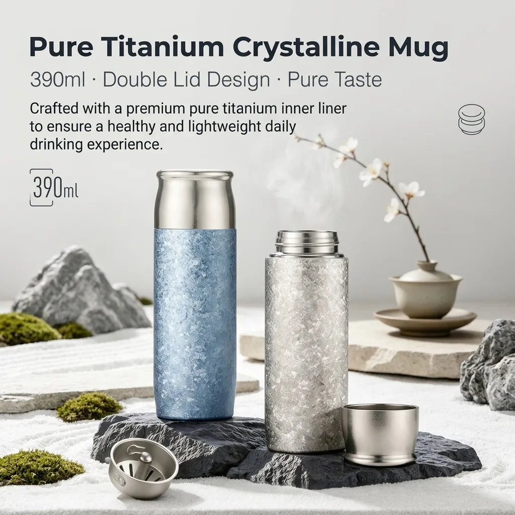 390ml Titanium Water Bottle Vacuum Insulated Thermos with Magnetic Lid Tea Strainer and Ice Flower Texture for Travel Office