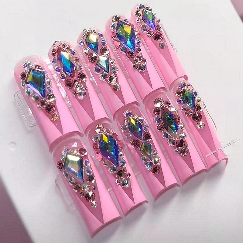 Luxury Glittery Bling Rhinestone Handmade Press On Nails XXL Artificial Nails False Nails Tips Reusable Fake Nail With Glue Gift