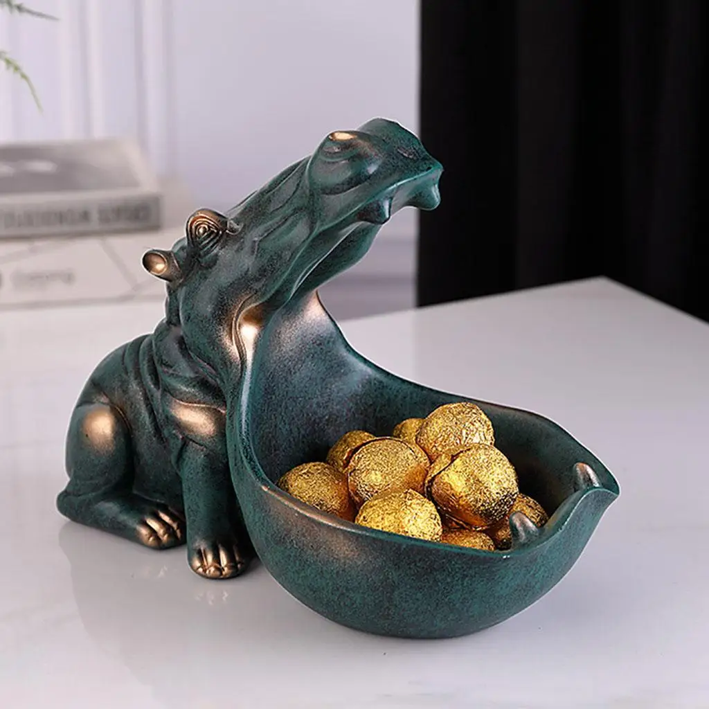 Resin Hippopotamus Figurine Storage Box Statue Creative Keys Bowl Hippo Sculpture Key Candy Container for Home Table Decor Gift