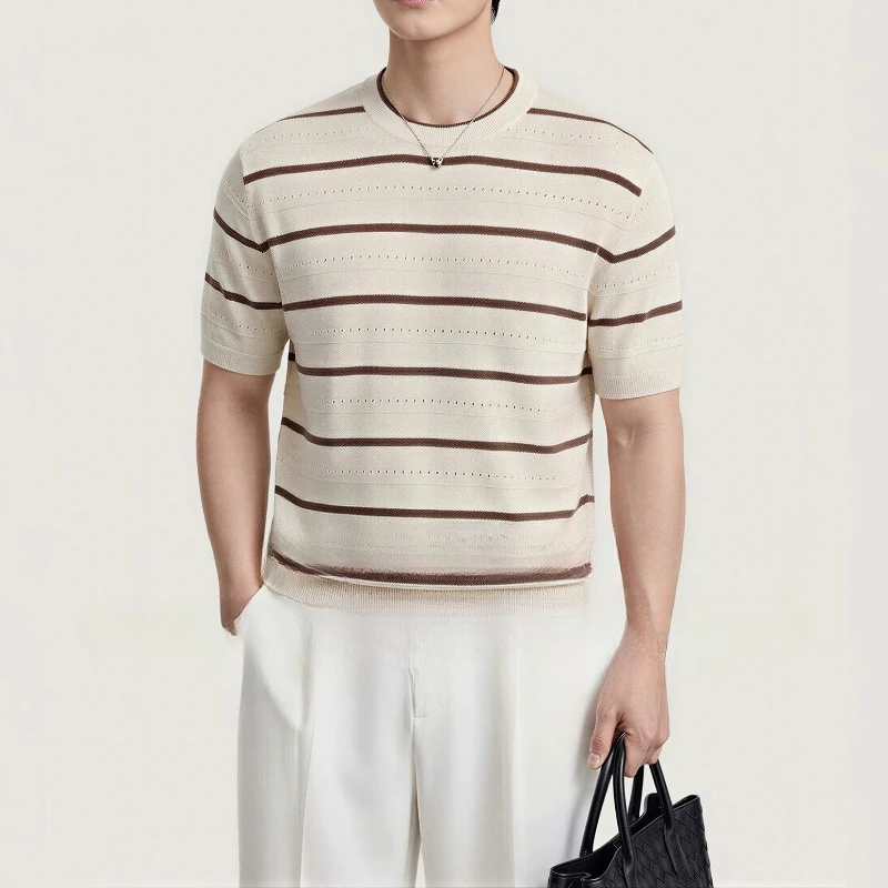 Striped Short Sleeve Knitwear Men's Crew Neck T-Shirt Summer
