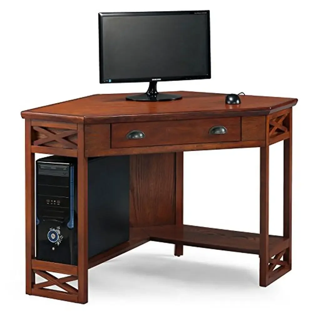 Corner Computer Writing Desk Oak Hardwood Drop Front Keyboard Drawer Shelf Printer Ball Bearing Wire Grommet Simple Assembly