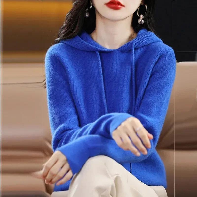 

Осень-зима, новый стиль, вязаный шерстяной свитшот с капюшоном, свободный базовый слой, большой размер, базовая верхняя одежда, топ для женщин, однотонный цвет