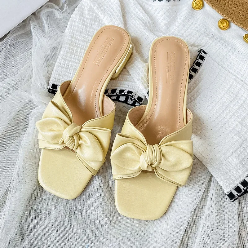 New Women Shoes Modern Heels Slipper Outdoor Slides Bowknot Leather Flat Shoes Girl Beautiful Soft Sandals