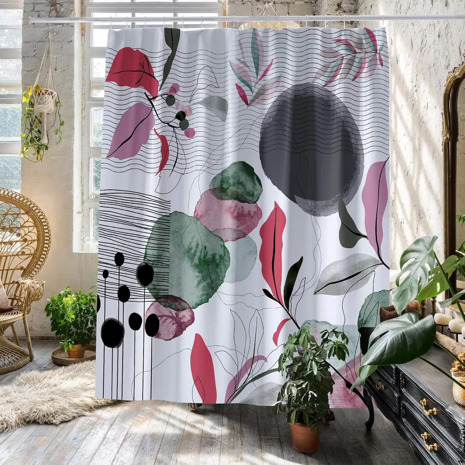 Abstract Botanical Leaf Print Polyester Shower Curtain for Bathroom Tropical Decor Modern Waterproof Liner Curtain