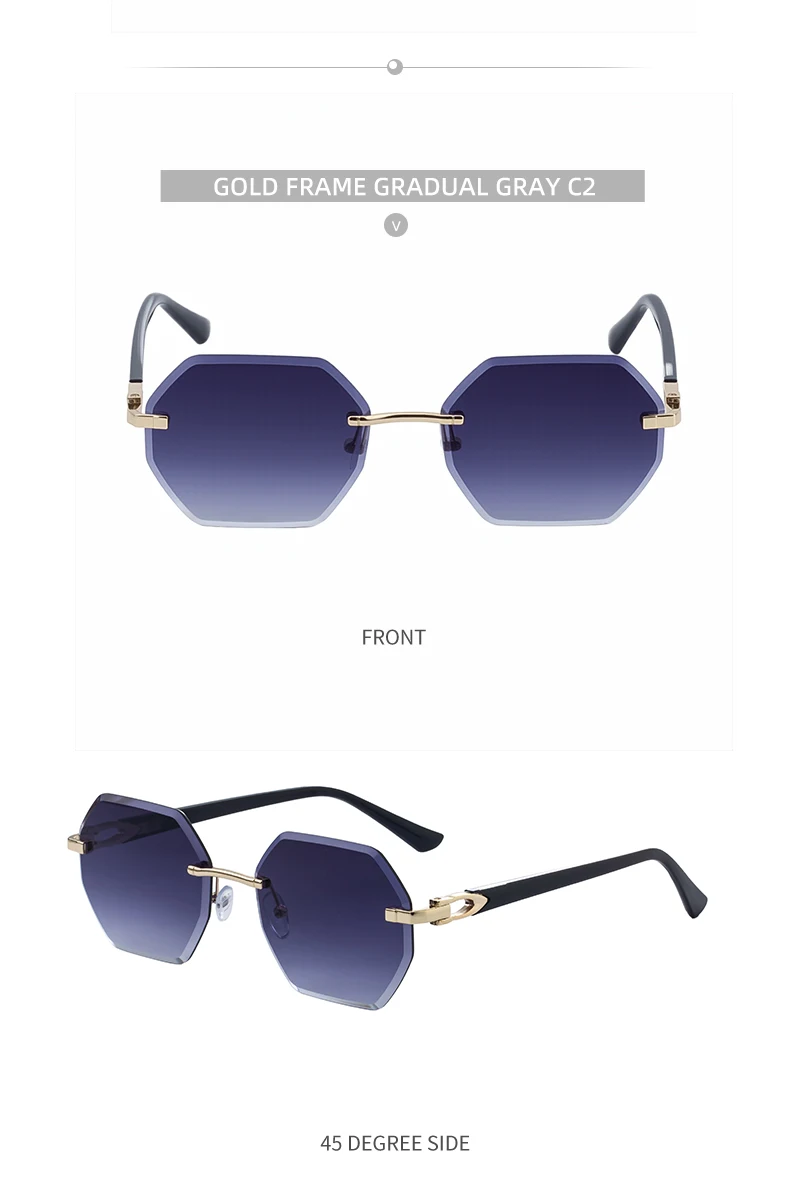 Modische randlose quadratische Sonnenbrille für Damen 2026 – Luxusmarke, sechseckiger Metallrahmen, trendige Outdoor-Sonnenbrille für Frauen – Detail 17
