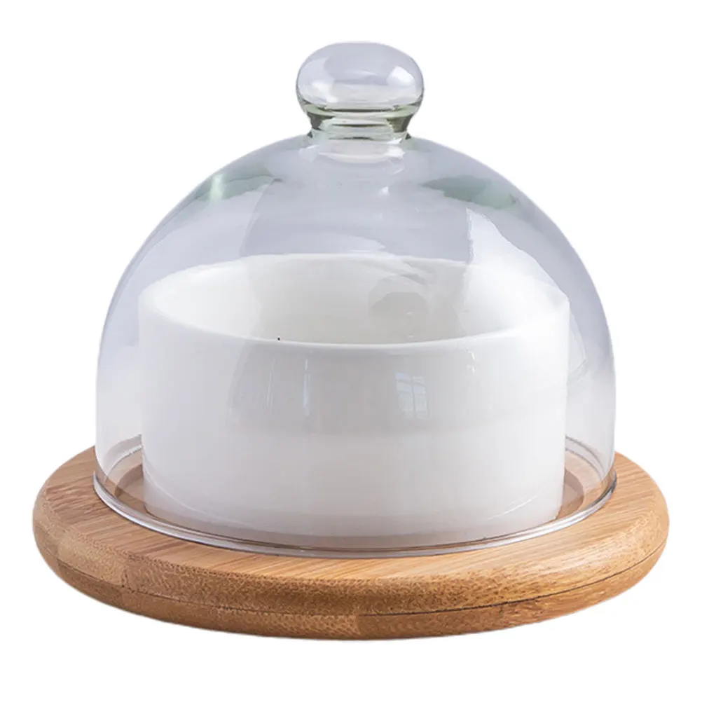 

Baking Ceramic Glass Lid Wood Tray Large Capacity Salad Salad Bowl With Tray Dessert Cake Snack Fruit Party Tableware Set