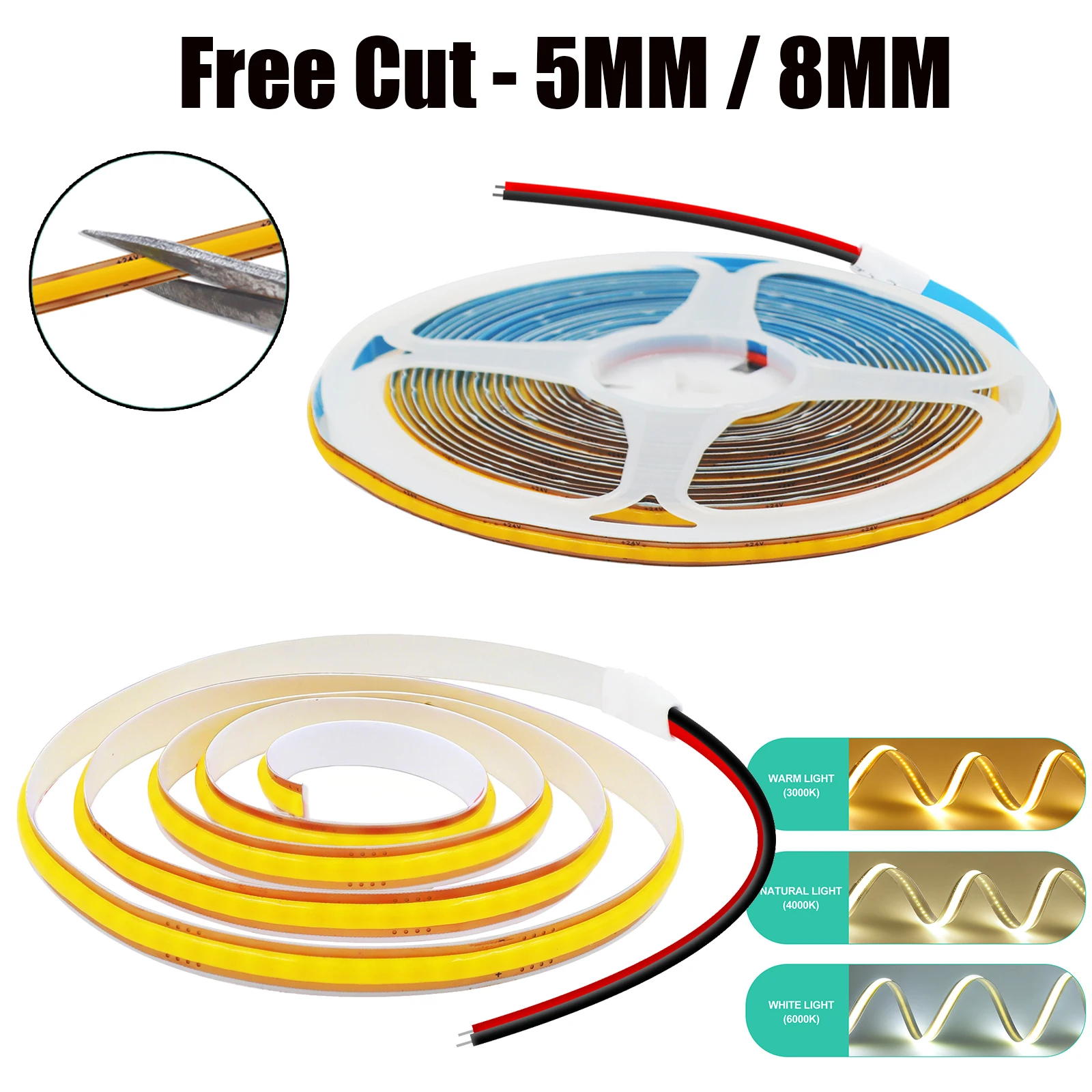 

Free Cut LED Strip Light 12V 24V 400LEDs/M Self Adhesive 3000K Warm/4000K Neutral/6000K White IP21 Flexible Rope for Home Decor