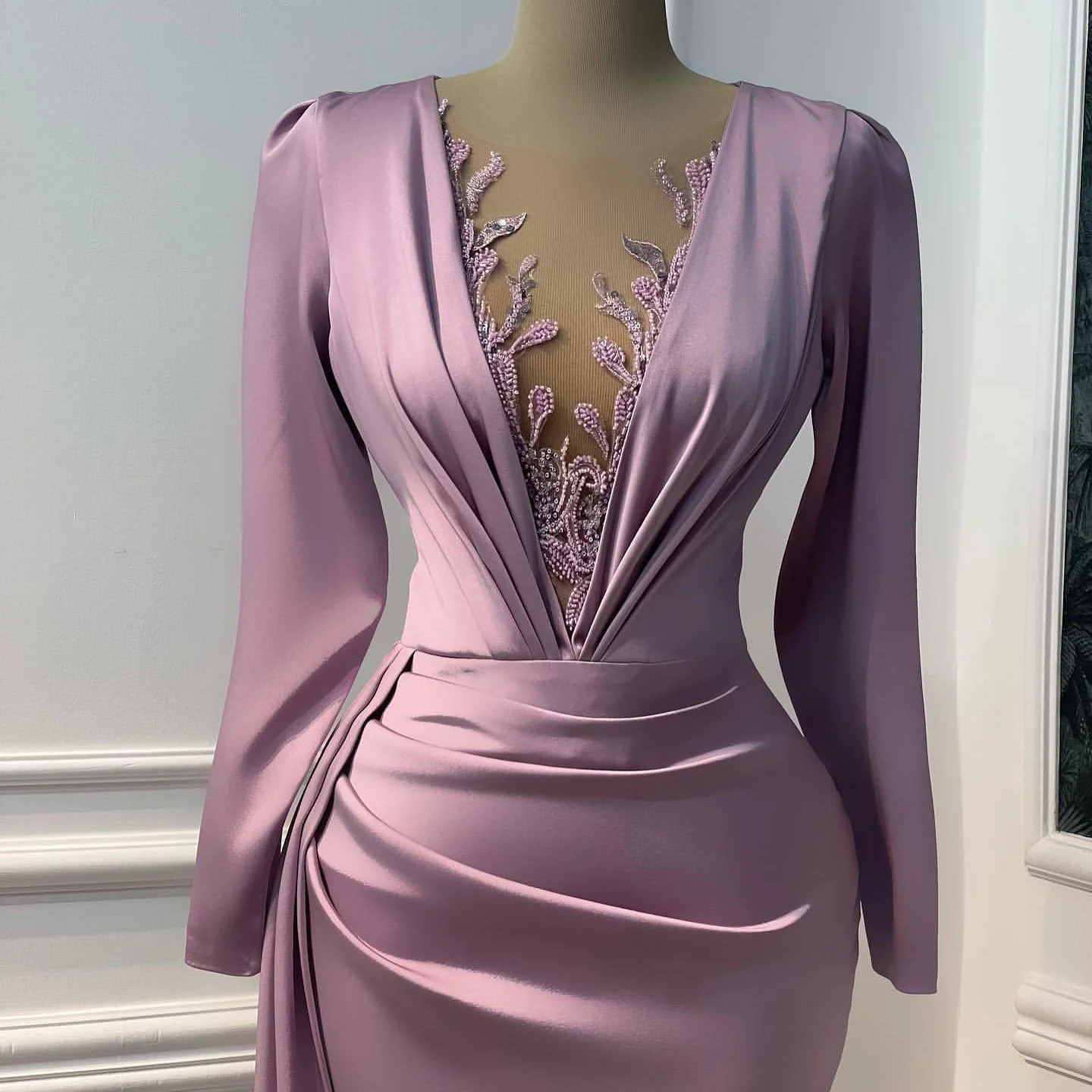 Robe de Soirée de Forme Sirène Violet à Manches sulfet Col Rond, Tenue Plissée avec Perles, pour Cocktail, Arabie Saoudite, Quelle que soit la Taille Personnalisée