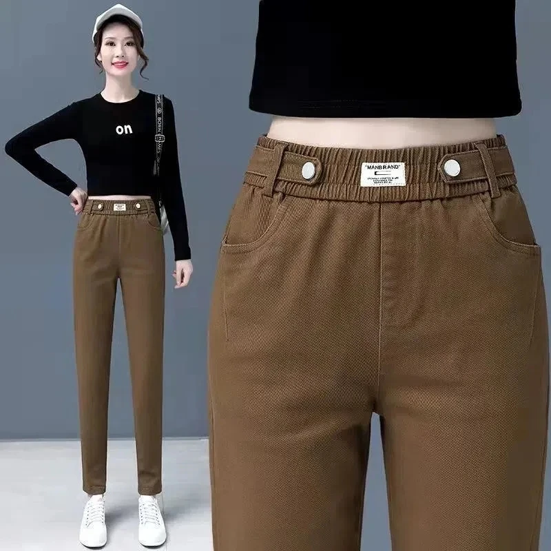 Calça coreana feminina reta de algodão, calça de harém elástica de cintura alta, casual solta, nova moda, primavera e outono, 2023