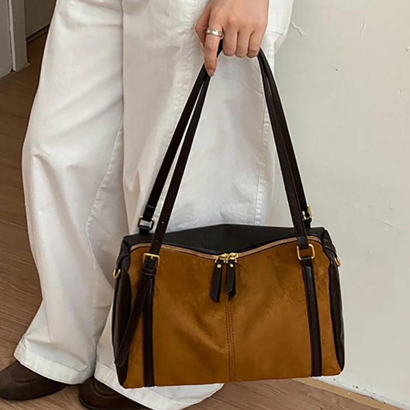 Women Vintage Suede PU Splicing Shoulder Bag Leopard Print Multi‑Color Large Capacity Strap Retro Ladies Crossbody Handbag Purse