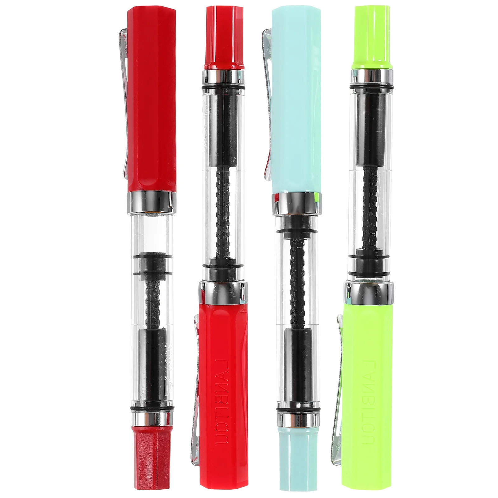 

4 шт., 0,5 мм, прозрачный поршневой перьевой перо с тонким наконечником, зажим из нержавеющей стали для школьных и офисных мероприятий, поршневая ручка