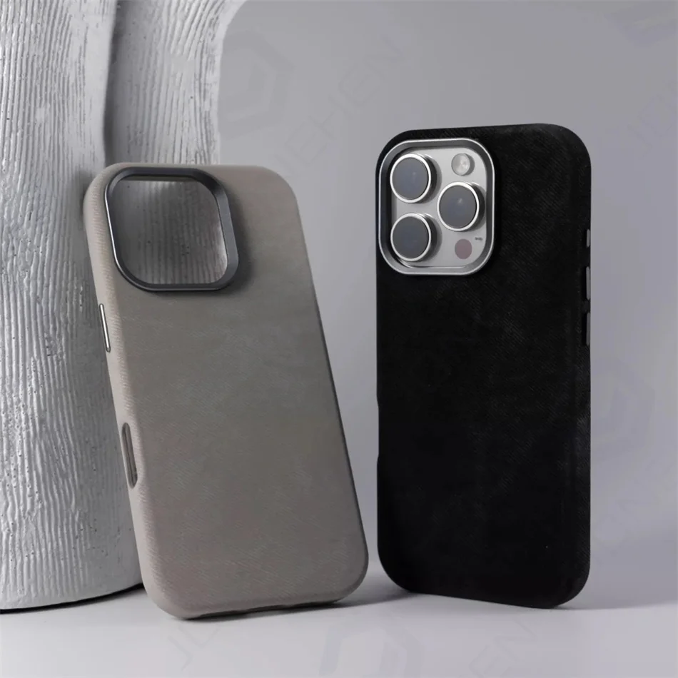 Casing iPhone 17 Air 16 15 14 Plus 13 12 Pro Max, Kulit Fiber Solid, Paduan Logam, Lensa Magnetik, Wireless, Anti Benturan, Untuk Magsafe