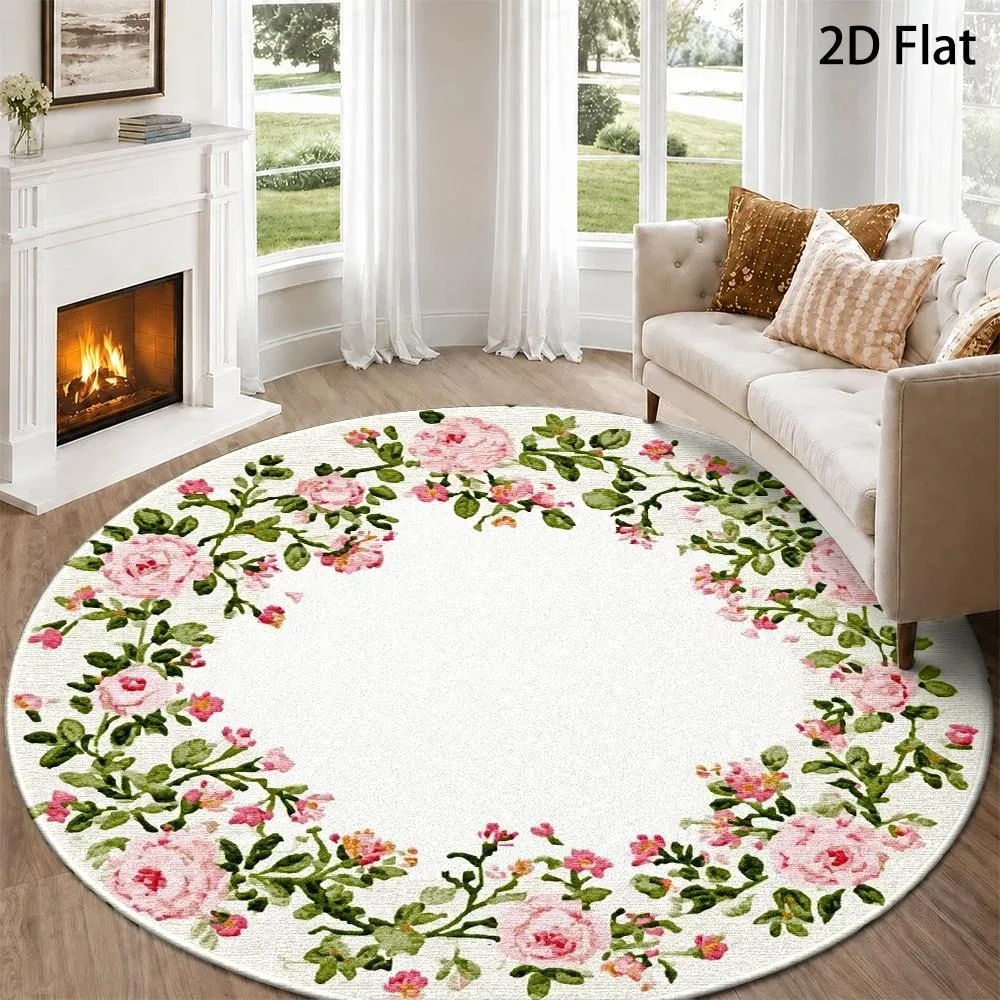 Vintage Round Carpet Mint Green Wreath Floral Butterfly Border Textured Print Circular Floor Rug for Living Room Bedroom