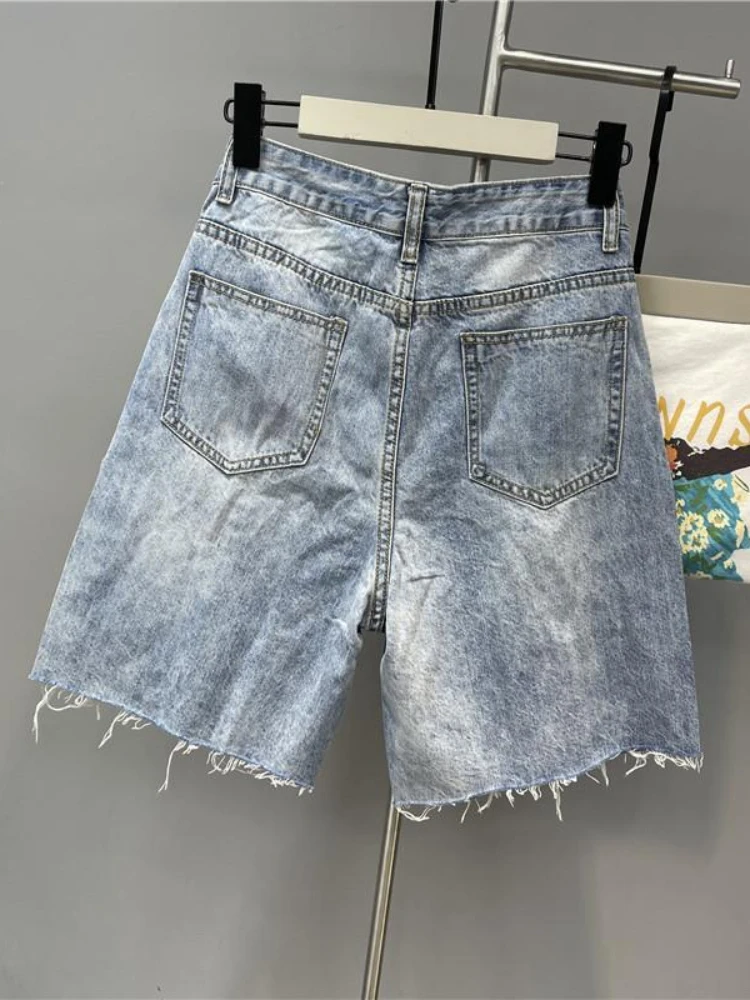 Design Ästhetik Shorts schwere Perlen Loch hohe Taille rohe Kante lässig lose Jeans Französisch elegant alle passen Frauen kleidung