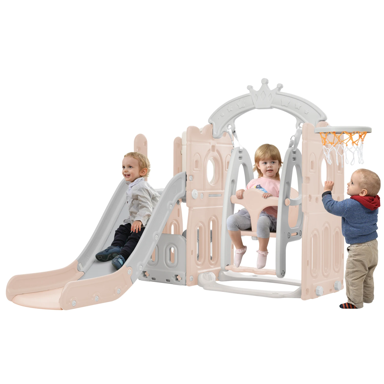 Toddler Slide and Swing Set 5 in 1, Kids Playground Climber Slide Playset with Basketball Hoop Freestanding Combination for Babi