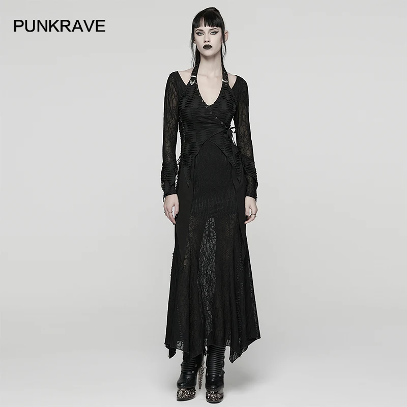 PUNK RAVE Women's Punk Fake Two-piece Design Halterneck Dress Fish-tail Hemline Shapes Crossed Waist Straps Party Long Dresses