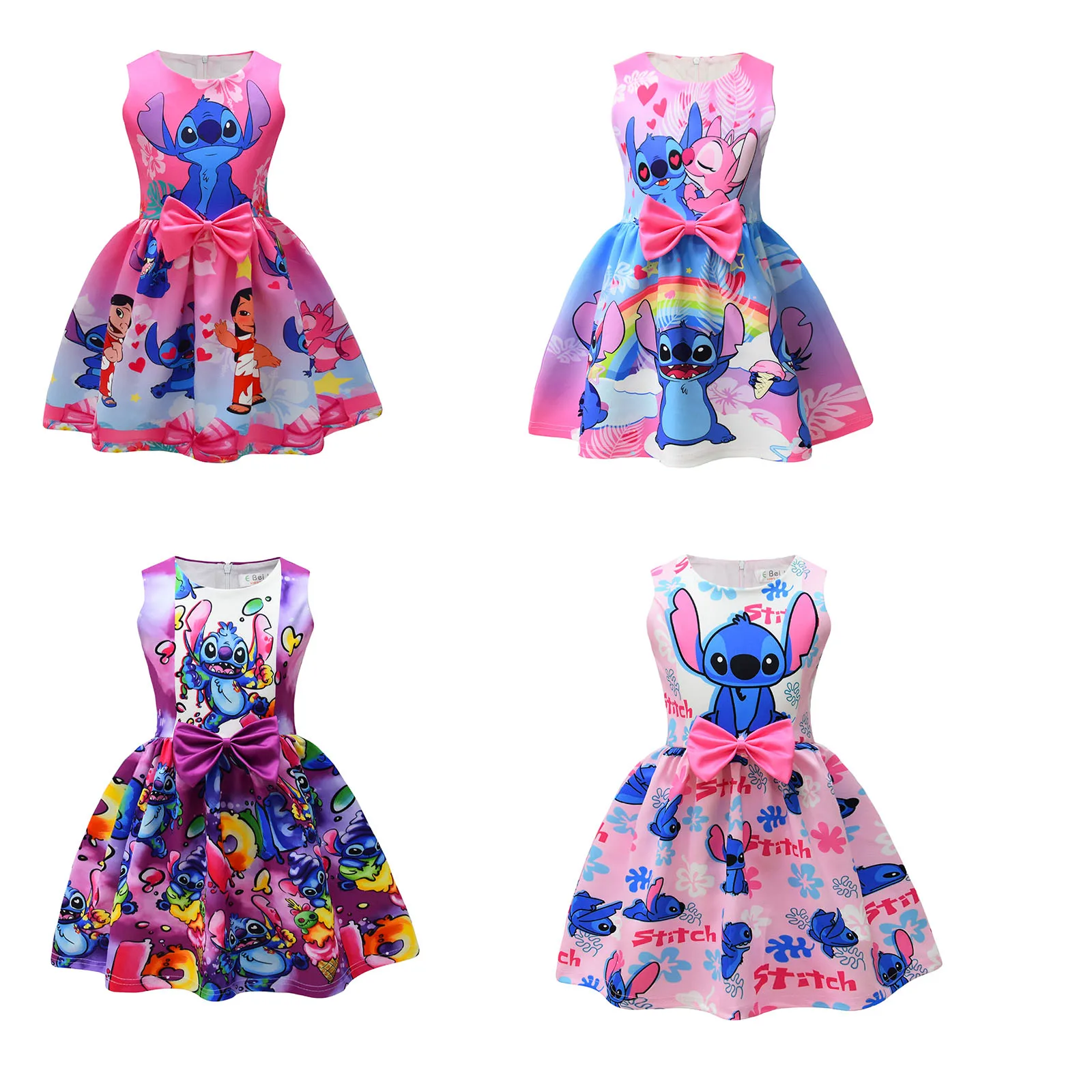 Lilo & Stitch Girls Dress Costume Disney 2025  Cosplay Christmas Kids Birthday Party Cartoon Print Children Front Bow Dresses