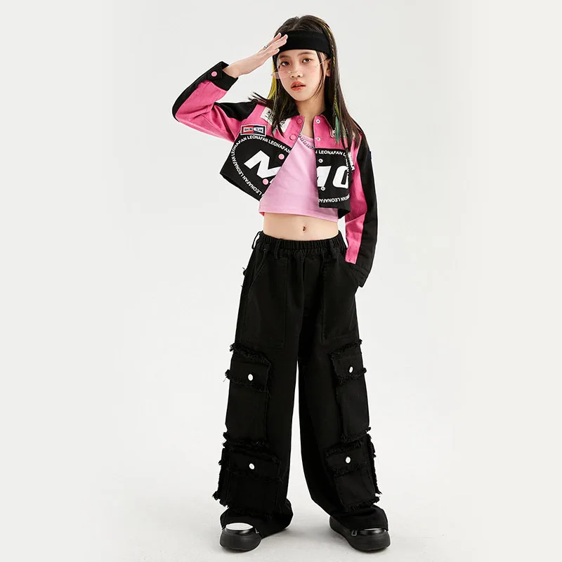 Girls Hip Hop Cool Short Baseball Jacket Street Dance Baggy Cargo Pants Child Crop Top Streetwear Clothes Sets Kids Jazz Costume