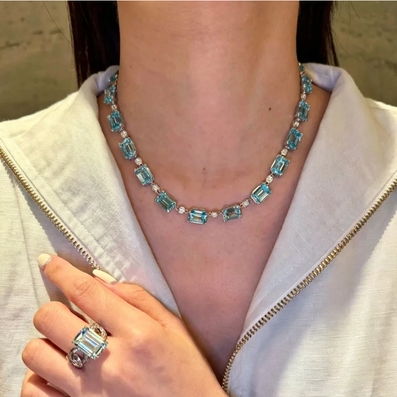 Cameo 925 Silver Synthetic Zircon Sapphire Square Four Claw Full Diamond Emerald Cut Luxury Party Banquet Jewelry Necklace