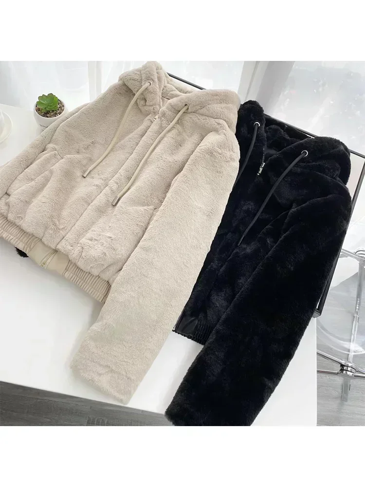 Women 2022 New Fashion Artificial Fur Hooded Jacket Coat Vintage Long Sleeve Zipper Female Outerwear Chic Overshirt