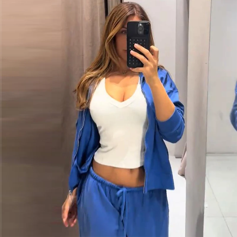 Damen-Hosen-Sets mit Stehkragen, Langarm-Reißverschlussjacken, Kordelzug-Taille, Gerade Hosen, Herbst-Outfit für Frauen, Einfarbig, Locker Geschnitten, Neu – Detail 17
