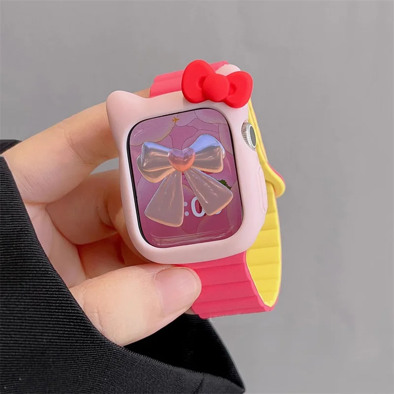 Y2k Cartoon Cute Bow Cat Ears Case + Magnetic Strap For Watch Case 44mm 42mm 38 40 Correa Bumper For Apple Watch Ultra 7 Cover