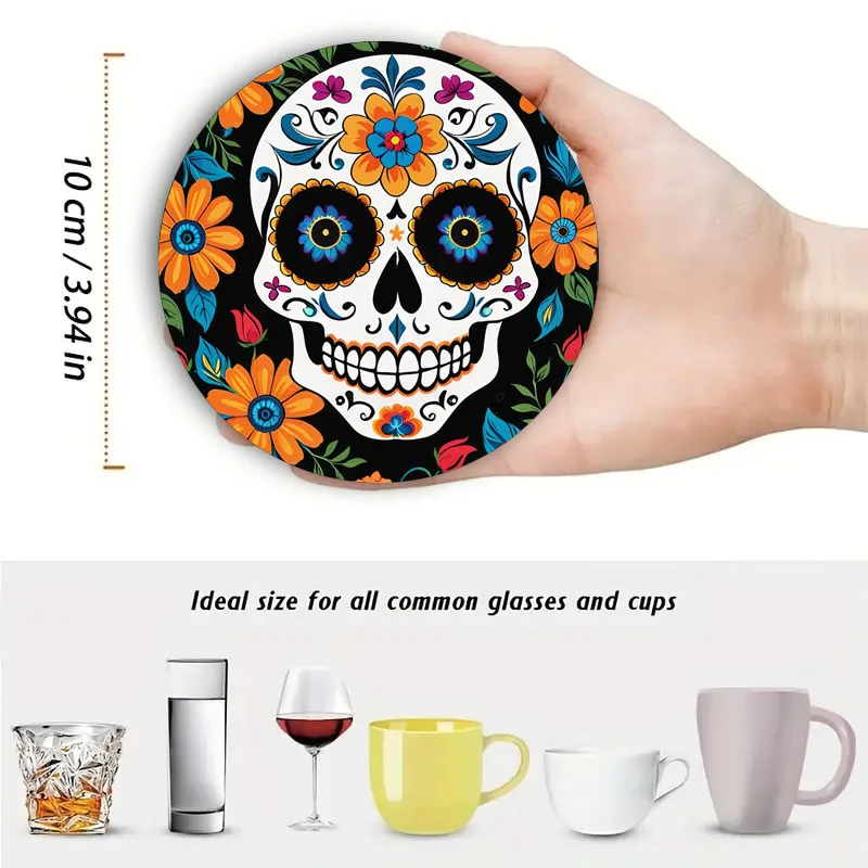 4 Pieces of Skull Printed Coasters, Suitable for Daily Family Party Decoration, Office, Non-Slip Wooden Coasters, Holiday Gifts