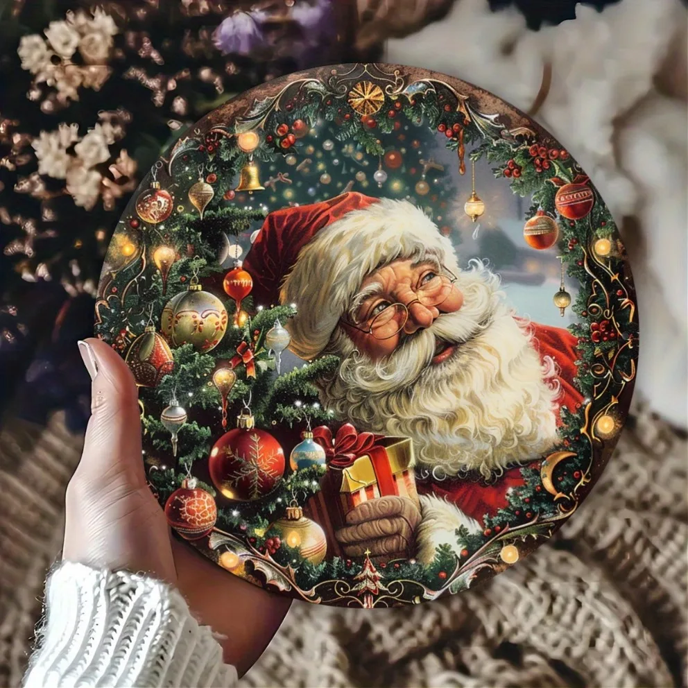 Vintage Santa with Gifts Aluminum Sign - 8x8 Inch Foil Embossed Metal Wall Art for Home Restaurant Cafe Garage**