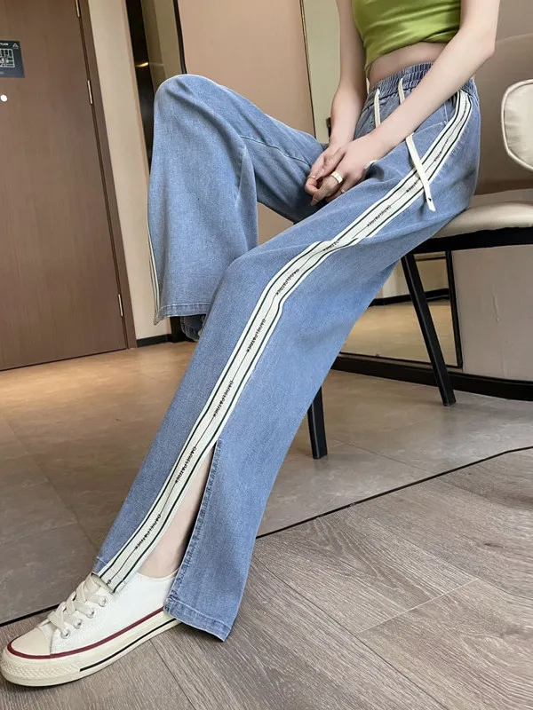 

High Waist Slim Fit Ice Silk Denim Pants Women Summer Thin Wide Leg Straight Cut Jeans High Waist Flattering Thin Edition