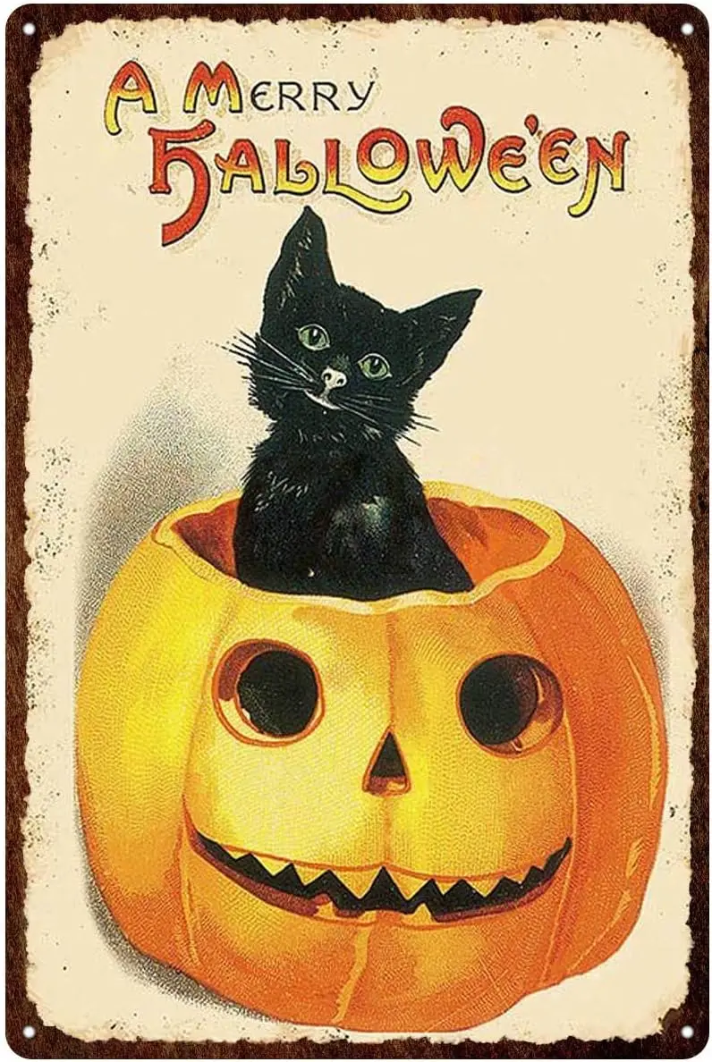 A Merry Halloween Pumpkin Cat Vintage Metal Sign Tin Poster Home Decor Bar Pub Retro Kitchen Wall Sign Art 12