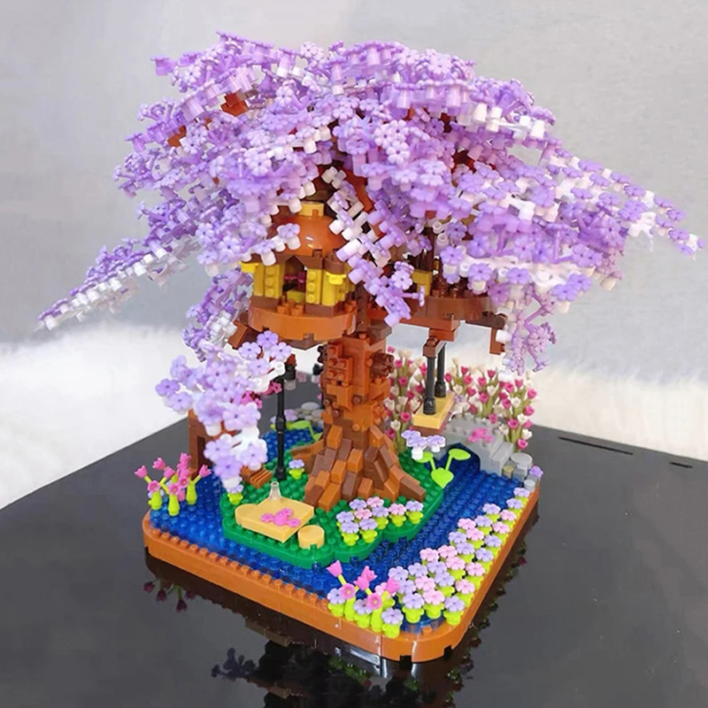 ZRK 7855 World Architecture Cherry Flower Tree House Swing Garden Bridge River 3D Mini Diamond Blocks Bricks Building Toy No Box