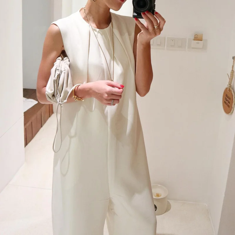 High Quality Sleeveless Wide Leg Pants Summer O Neck Chic Ruched Design Jumpsuit Women Solid Casual High Waist Jumpsuits