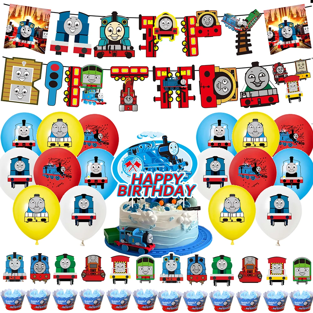 Hot CartoonThomas the Tank Engine Birthday Party set dinnerware Banner Cake Disposable Topper Hanging Flag Balloons Decoration