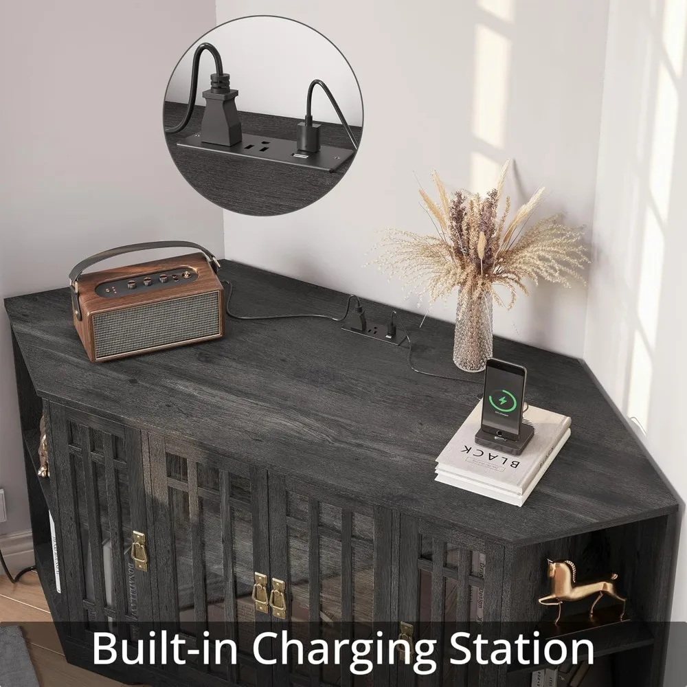 Supporto TV angolare per TV da 60 pollici con armadietto portaoggetti, ante in vetro e presa di corrente - Centro di intrattenimento per spazi angolari