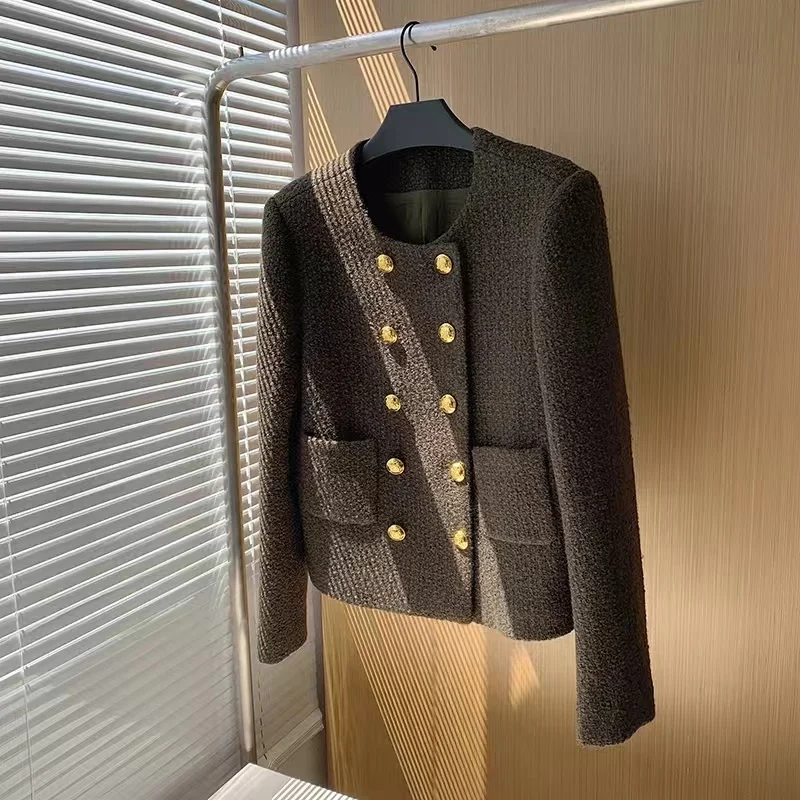 High Quality Autumn New Fashion Women Round Collar Elegant Yellow Tweed Jacket Double Breasted Vintage Female Coat Chaquetas