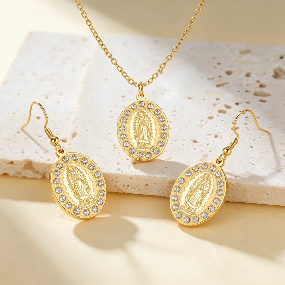 Skyrim Virgin Mary Clear Zircon Pendant Necklace Earring Women Stainless Steel Gold Color Religious Amulet Blessed Jewelry Set