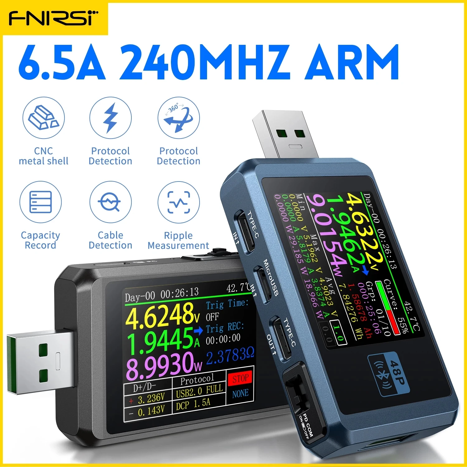 FNB48P Fast Charge USB Battery Tester Voltmeter Ammeter Power Test TYPE-C Detection Trigger Capacity Measurement Ripple Monitor