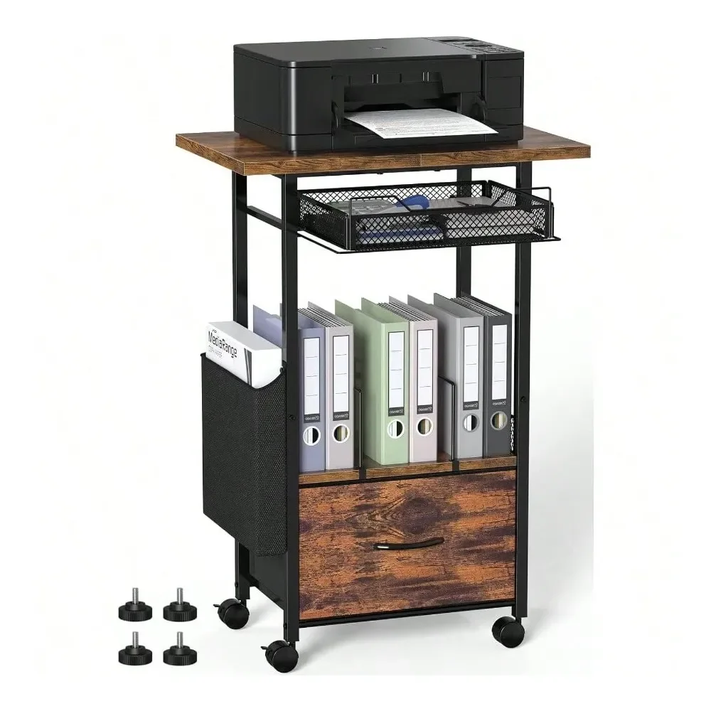 

3 Tier Printer Stand With 2 Drawer File Cabinet, 24 Extended Desktop Lockable Wheels, Adjustable Rolling Cart Home Office Stora