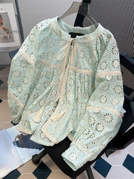 Camicette dal design francese Camicie con lacci patchwork a maniche lunghe ricamate scavate Camicie casual larghe tutte abbinate Abbigliamento donna elegante